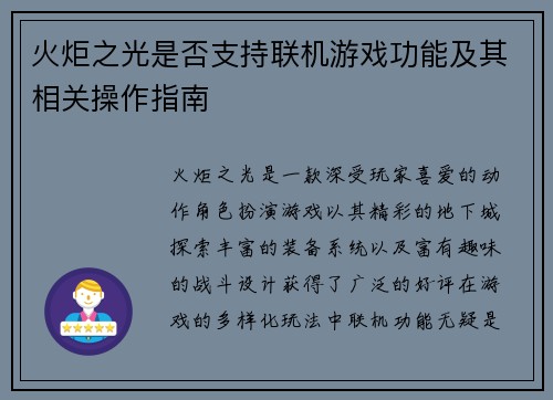 火炬之光是否支持联机游戏功能及其相关操作指南