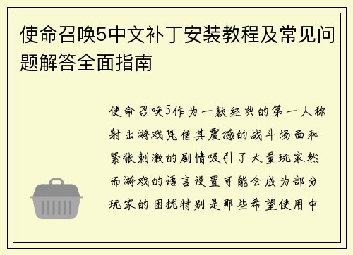 使命召唤5中文补丁安装教程及常见问题解答全面指南